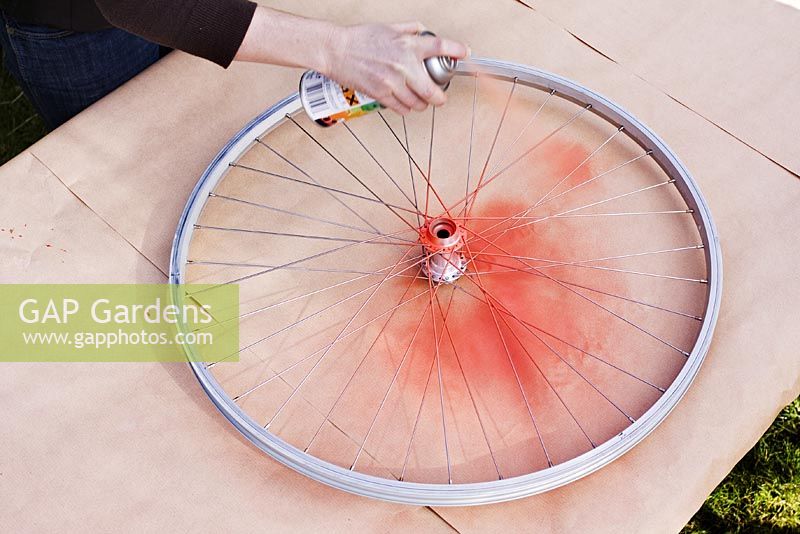 Making a home made bird scarer with CDs and a bicycle wheel. Spraying the wheel with red paint