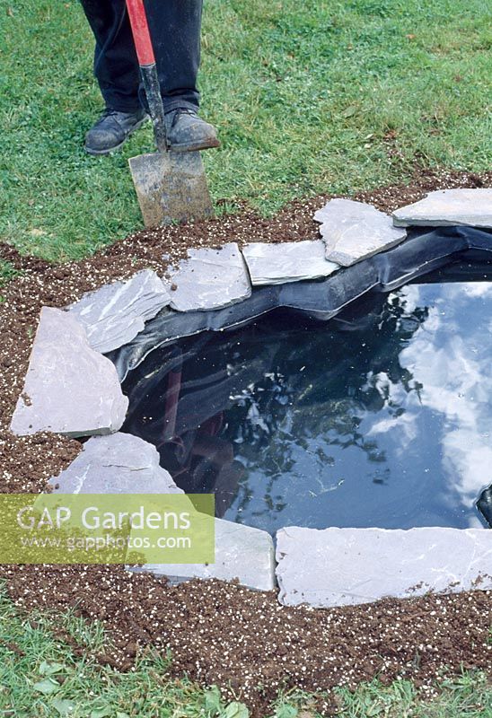 Step by step. Building a pond. Step 13. Installing a pond with a Rigid Liner and covering with soil