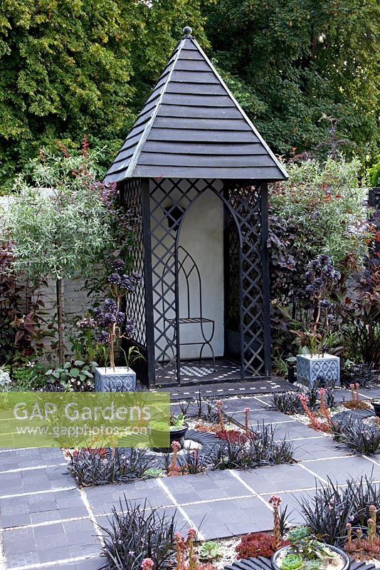 Gazebo with seat in paved courtyard garden, colour themed in black and white and planting of Ophiopogon planiscapus 'Nigrescens' and Sempervivum 