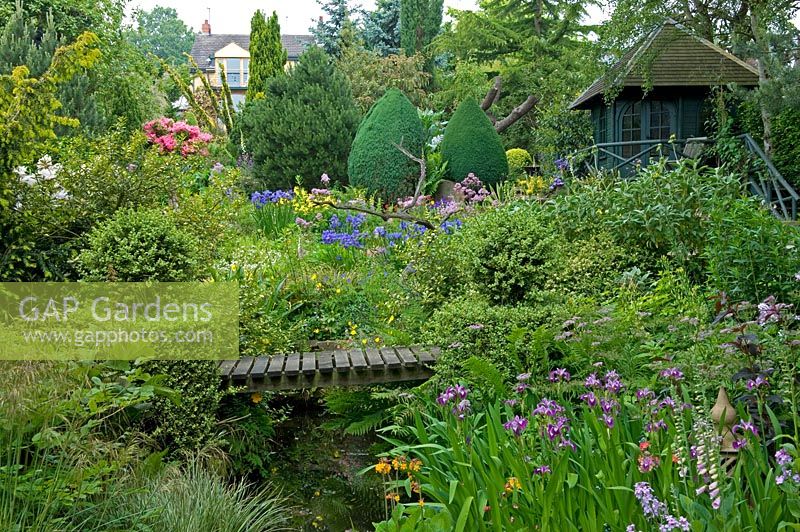 Spring garden with Iris, Primula and conifers planted around natural pond with wooden bridge and summerhouse.  Hillbark, Bardsey, Yorkshire NGS
 
