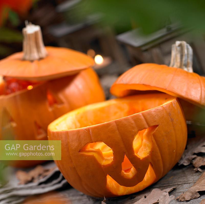 Carved pumpkins on table 