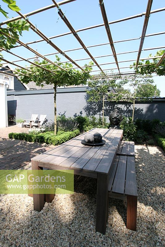 Urban meditation garden. Bamboo pergola with trained Platanus hispanica creates a roof over dining area. Buddha and candles on the table.
