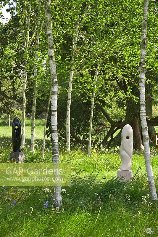 Modern sculptures designed by Mark Humphrey underneath Betula - Birch trees in meadow at Hatfield House garden, May 2008, UK