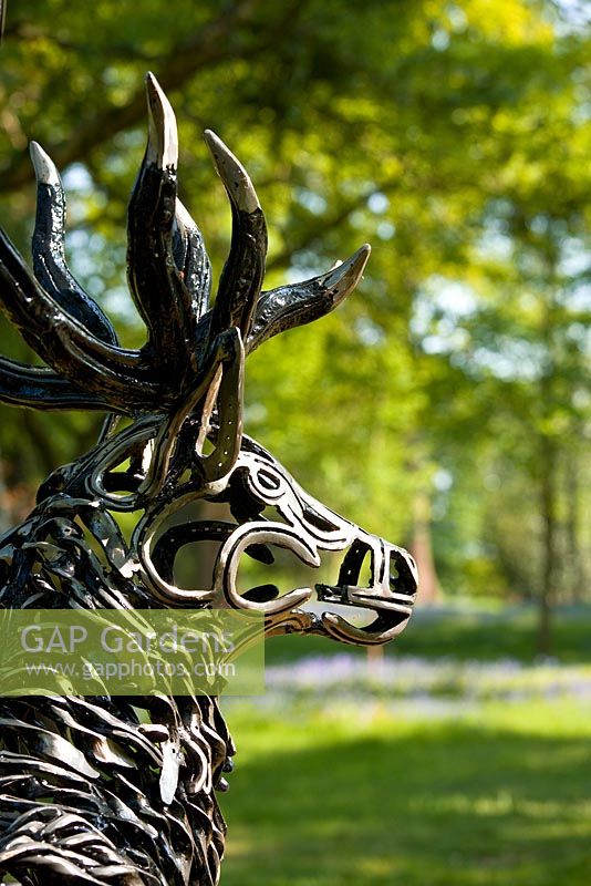 Stag made of horseshoes, designed by Tom Hill at Hatfield House garden, May 2008, UK 