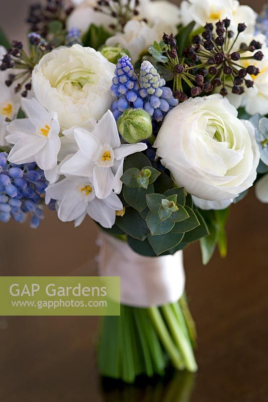 Bouquet of spring flowers including peony, Narcissus, Muscari and Hedera