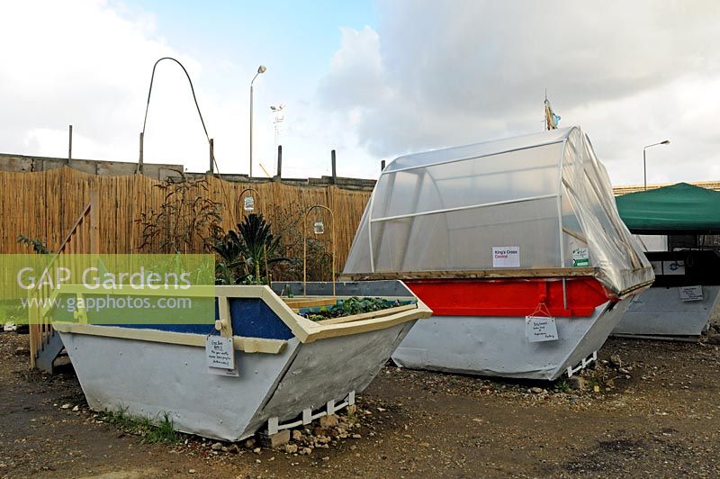 King's Cross Skip Garden, movable allotments in skips including mobile poly tunnel, Camden, London, UK
