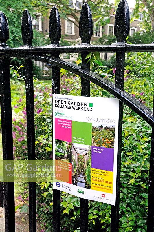 Poster for Open Garden Squares Weekend on gate leading to square London UK