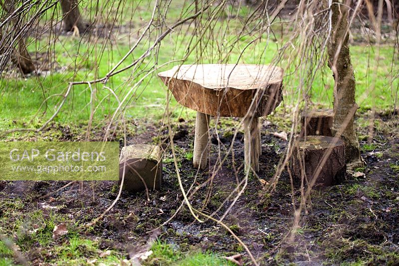 Childrens garden table and chairs made out of logs. Mitchmere Farm, Sussex