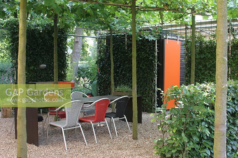 Gravel terrace under trained tree canopy, with metal divider built from scaffolding and planted with Hedera - Ivy.