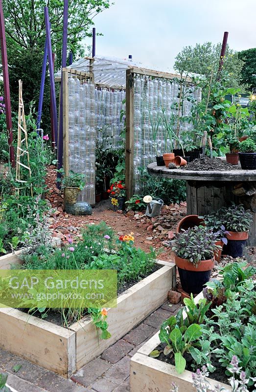 Greenhouse made from used empty plastic bottles in vegetable gardeN - Places of Change, Silver medal winner at RHS Chelsea Flower Show 2010