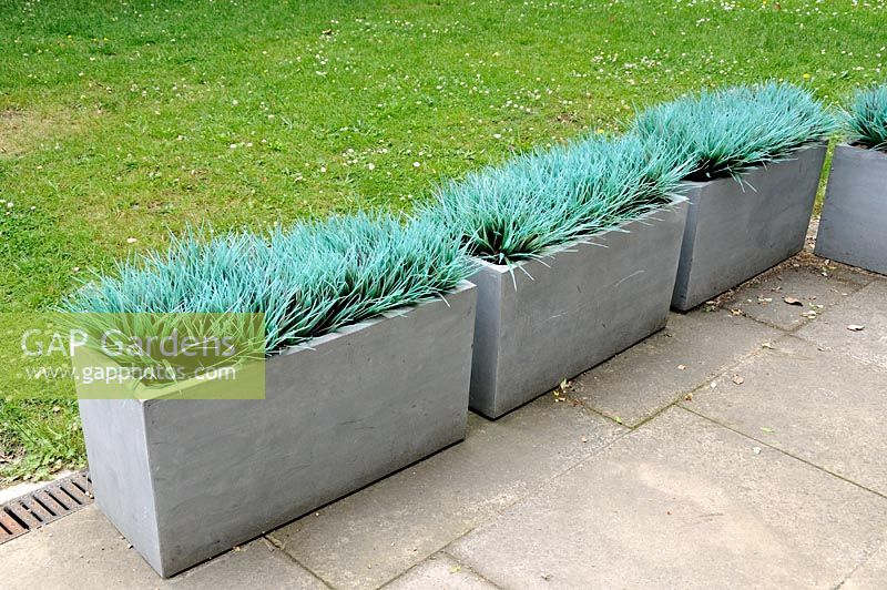 Imitation green grass in pale gray containers