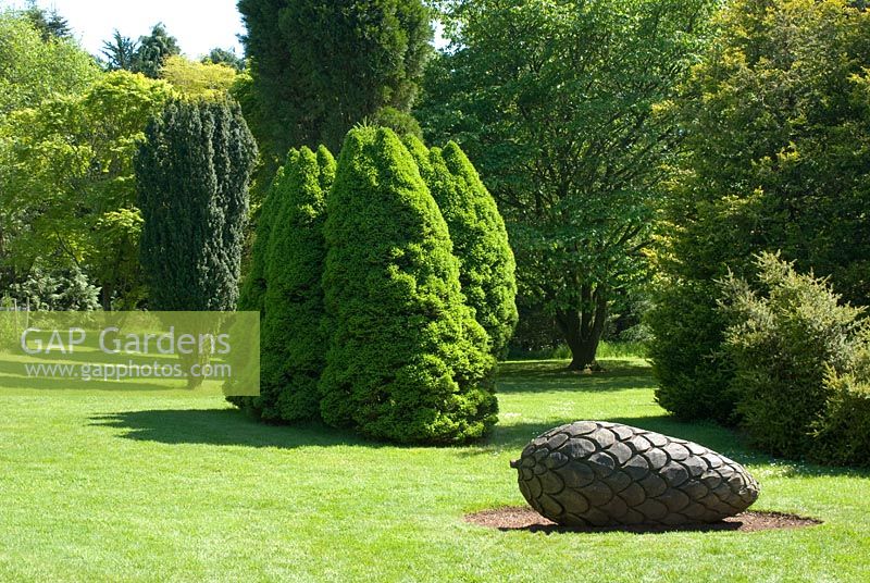 Arboretum with a wooden sculpture of a giant pine cone at Threave Garden, owned by The National Trust for Scotland, Dumfries and Galloway 
