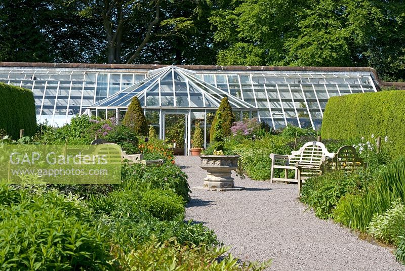 Glasshouse in the walled garden at Threave Garden, owned by The National Trust for Scotland, Dumfries and Galloway 