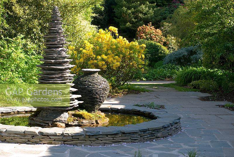 Slate sculpture water feature at Threave Garden, owned by The National Trust for Scotland, Dumfries and Galloway 