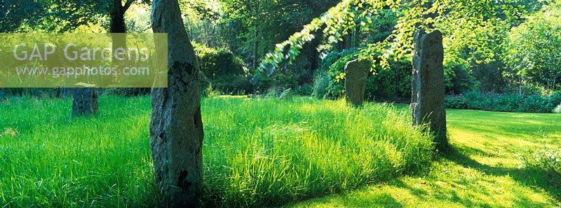 A granite standing stone circle in the Pinsla Lodge garden, Cornwall