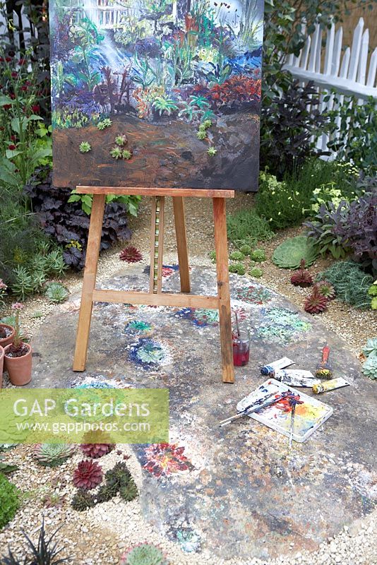 Easel and paints. 'An Artist's Garden' - Silver Gilt Medal Winner - RHS Hampton Court Flower Show 2010 