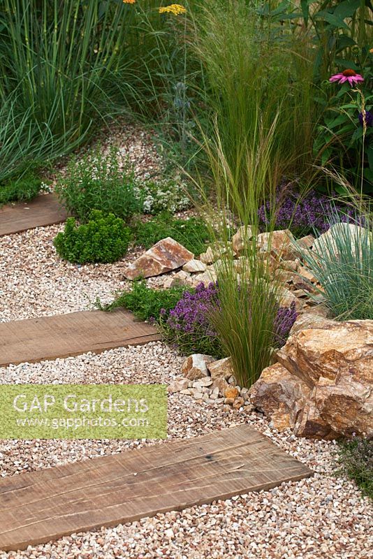 Border of herbs, grasses and perennials with gravel and wooden path in 'The Fire Pit Garden' - Silver Medal Winner at the RHS Hampton Court Flower Show 2010
