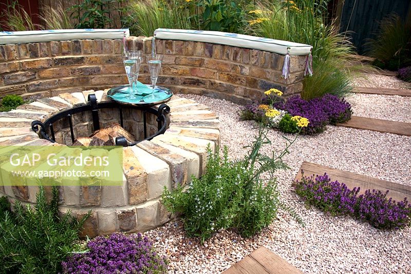 Brick built rustic fire pit - 'The Fire Pit Garden' - Silver Medal Winner at the RHS Hampton Court Flower Show 2010 
