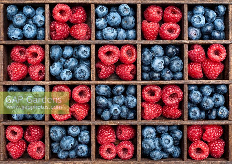 Raspberries and blueberries in a wooden grid pattern
