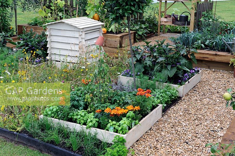 Timber framed vegetable boxes and bee hive in kitchen garden. RHS Tatton Park Flower Show 2010