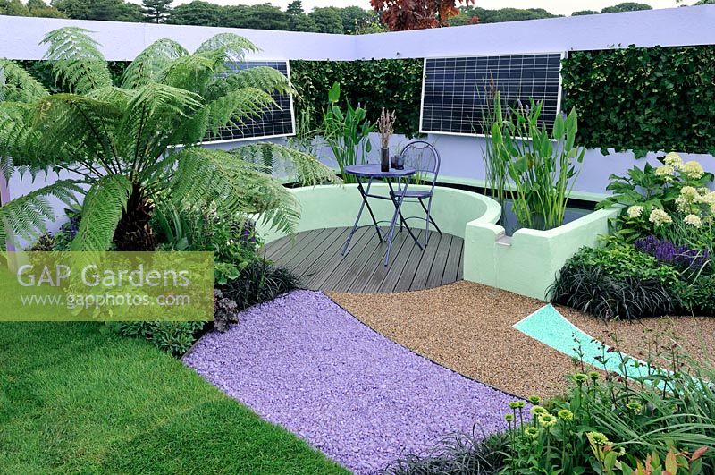 Garden with solar panels and recycled glass chipping paths - RHS Tatton park Flower show 2010