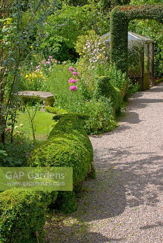 Gravel path, edged with topiary Buxus - Box sheep, leading to Taxus - Yew arch. Greenhouse and herbaceous border with mature trees and shrubs beyond. Crossing House Garden, Cambridgeshire