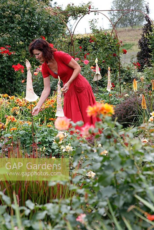 Woman in border of Imerata cylindra 'Red Baron' and Rosa 'Sahara', Dutch garden and tearoom - De Tuinen in Demen