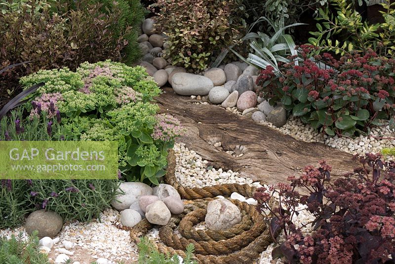Natural effect pond created with drift wood, rope, pebbles and plants including Sedum and Lavandula. Southport Flower Show 2010
