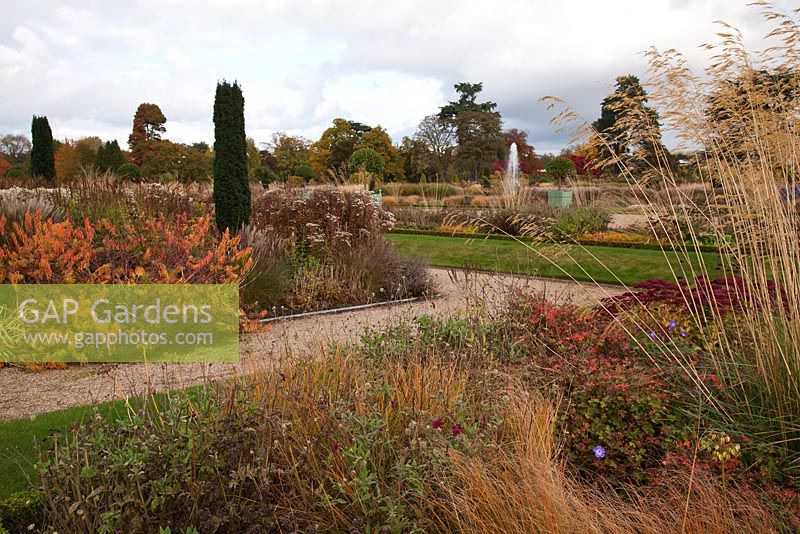 Overlooking the Italian Garden with grasses and seedheads of perennials designed by Tom Stuart-Smith - Trentham Gardens, Staffordshire, October