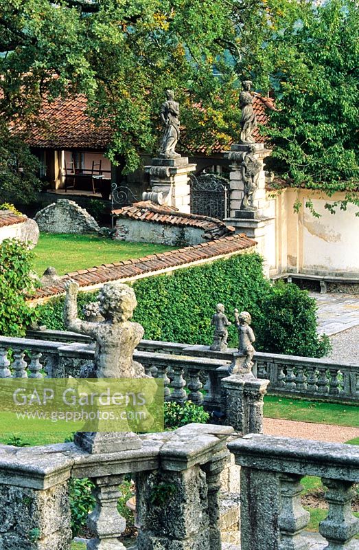 Terraces and view to entrance to the Secret Garden - Villa Della Porta Bozzolo, Casalzuigno, Italy