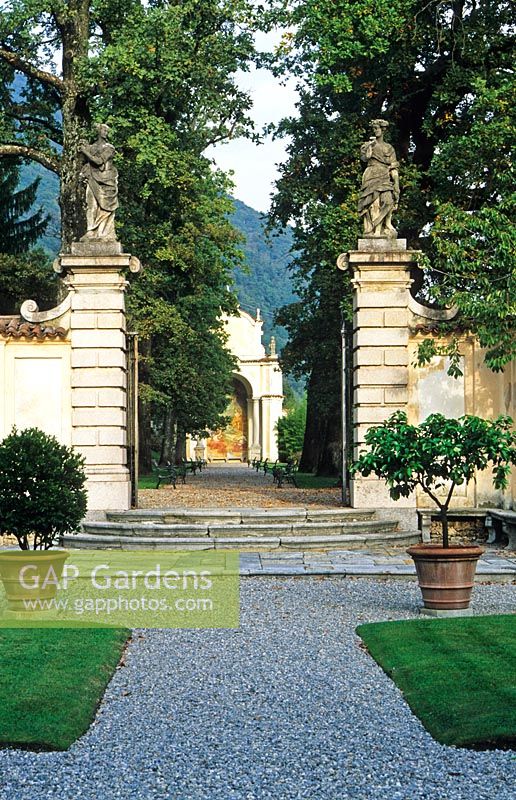 View into the Secret Garden to shrine - Villa Della Porta Bozzolo, Casalzuigno, Italy 
