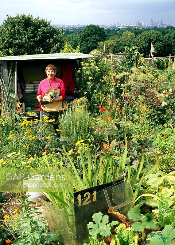 Woman on her allotment with view of the skyline of London