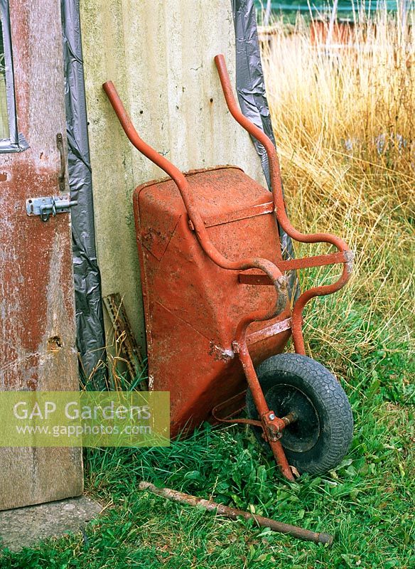 Red wheelbarrow leaning against shed on allotment