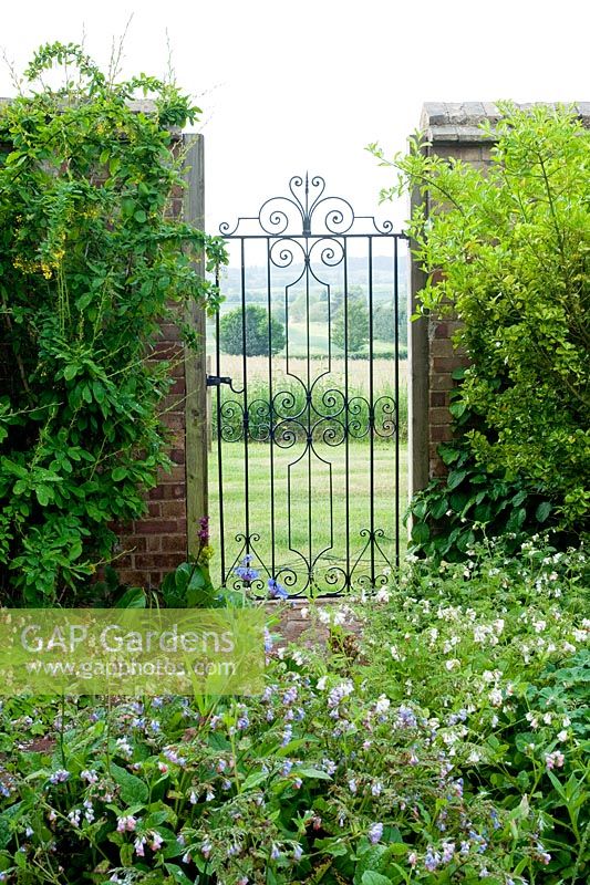 Garden gate in wall with vista beyond. Dawn End Lodge NGS, May 
 