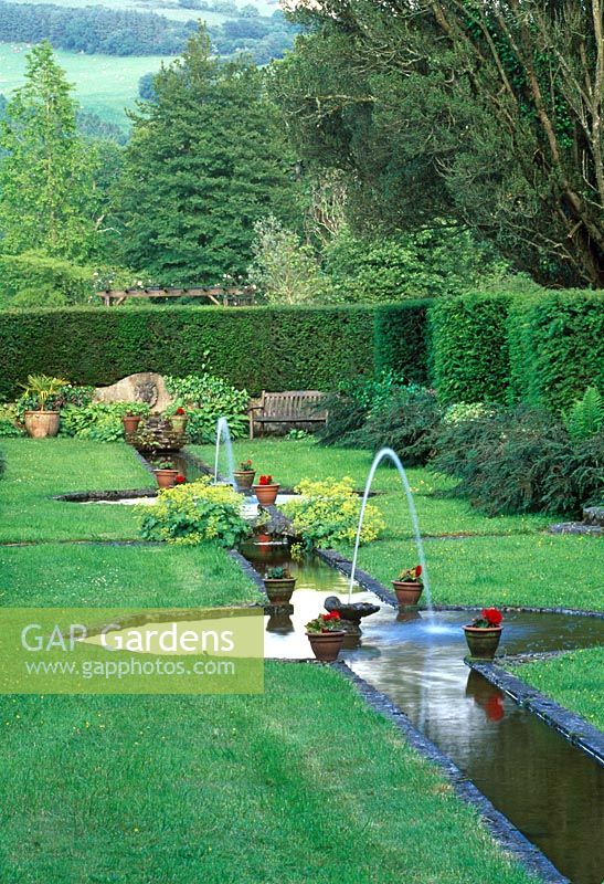 Long pond and fountains - Llanllyr Garden, Talsan, Ceredigion, Wales
