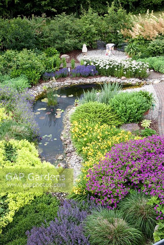 Pond with planting of Alchemilla mollis, Geranium psilostemon 'Dragon Heart', Hemerocallis 'Stella d'oro', Rosa 'Venice' and Achillea 