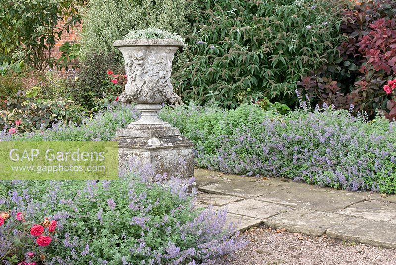 Ornate classic stone planter by border with Nepeta 'Six Hills Giant' and shrubs including Buddleia and Cotinus coggyria in the walled garden at Arley Hall and Gardens, Cheshire