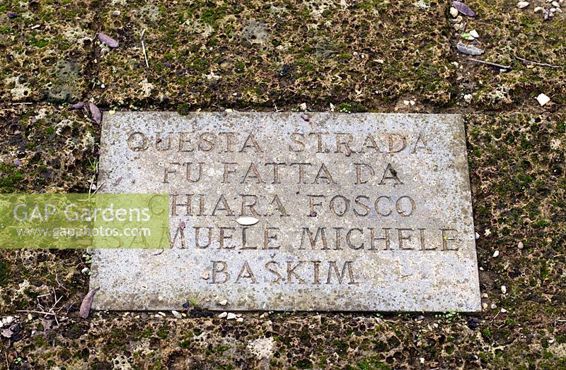Inscription on stone slab. The Field. Il Bosco Della Ragnaia, San Giovanni D'Asso, Tuscany, Italy, October. 
 