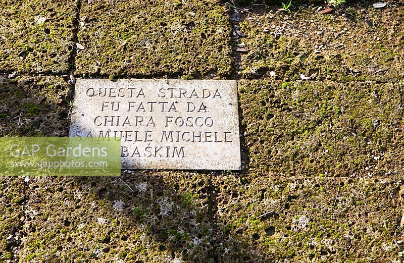 Inscription on stone slab. The Field. Il Bosco Della Ragnaia, San Giovanni D'Asso, Tuscany, Italy, October. 
 