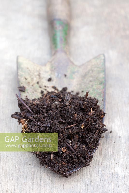 Soil sample on tip of garden trowel - Garden compost