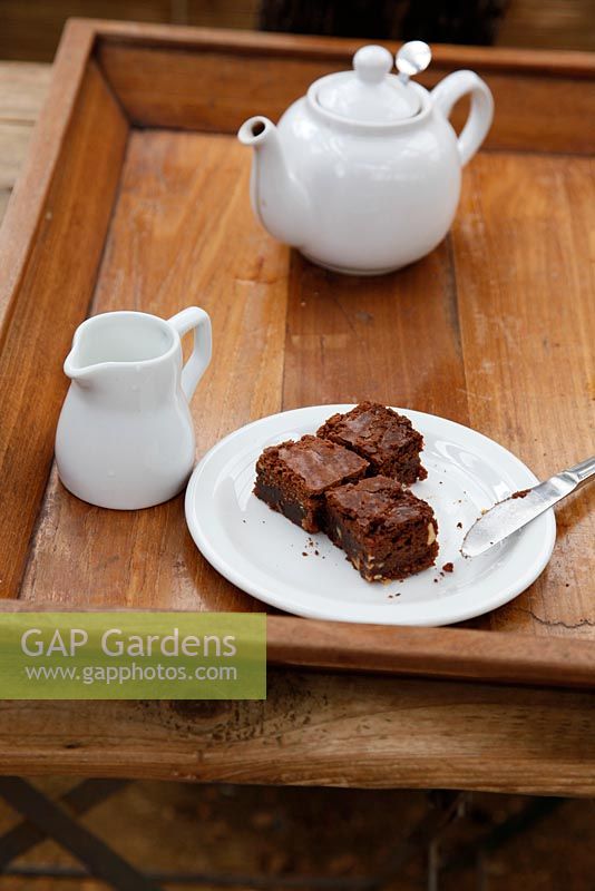 Tea and brownies in the cafe at Petersham Nurseries, Richmond, Surrey 