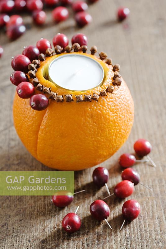 Making an orange, cranberry and clove tealight decoration - STEP 8. Once you have put in a ring of cloves, using the pins start to put a ring of cranberries on to the orange.