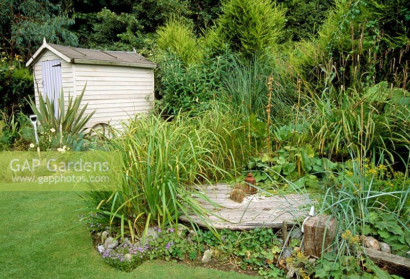 Foliage garden with raised timber deck made from recycled cable drum and shed painted as beach hut. 