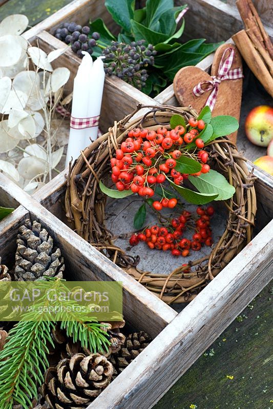 Small rustic wreath with Pyracantha berries in wooden tray with natural Christmas decorations