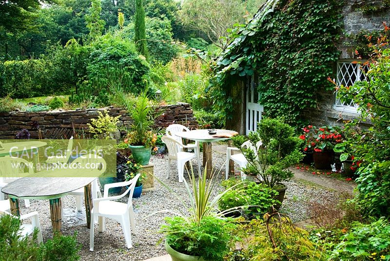 Courtyard where refreshments are served. Pinsla Garden, Cardinham, Cornwall, UK