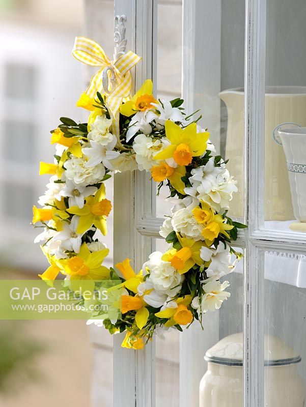 Fragrant spring wreath hanging on door. Consists of Narcissus, Primula and Hyacinthus 