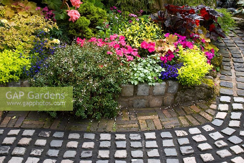 Reclaimed cobbles and bricks used to make path and raised border with mixed rich late summer planting including Parahebe, Begonia, Impatiens, Lamium, Lobelia and Heuchera. Brocklebank Road, Southport, Lancashire NGS