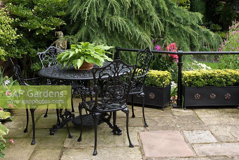 Cast iron decorative table and chairs with Hosta lancifolia on stone slab patio, Magnolia stellata and Cedrus deodara behind - Brocklebank Road, Southport, Lancashire NGS