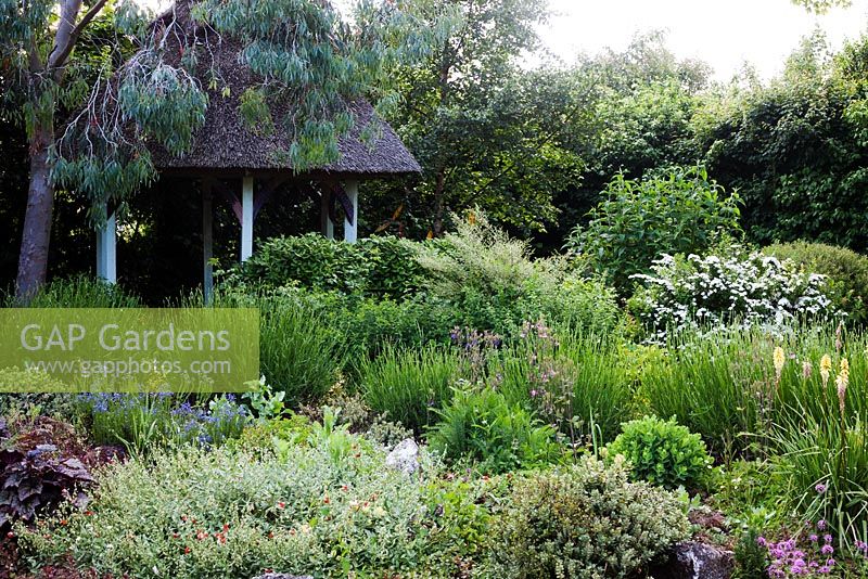 Thatched gazebo surrounded by mixed rockery border in early summer - Palatine Primary School, Worthing