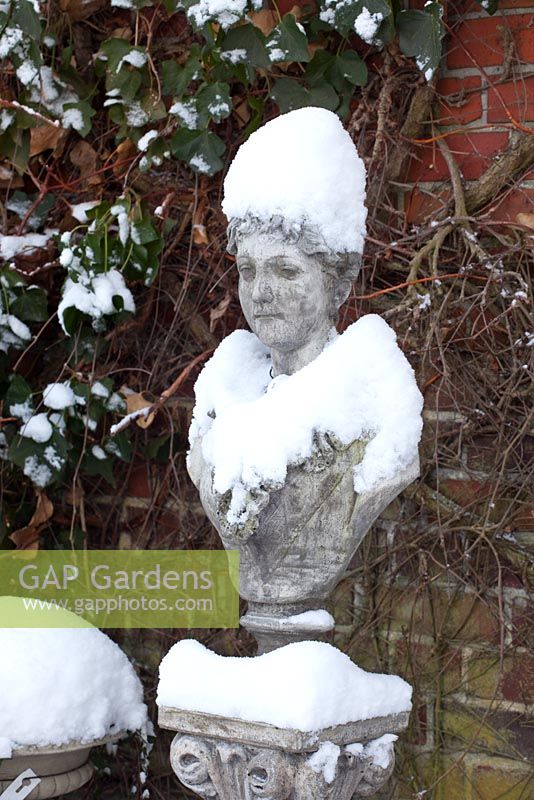 Stone bust laden with snow - Winter Garden and Nursery
